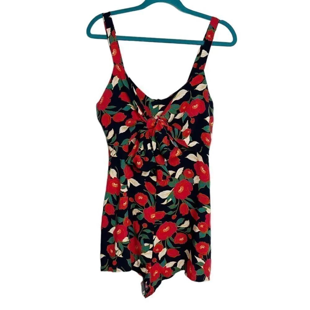 Nordstrom All in Favor Floral Front Tie Romper Navy Blue and Red Medium